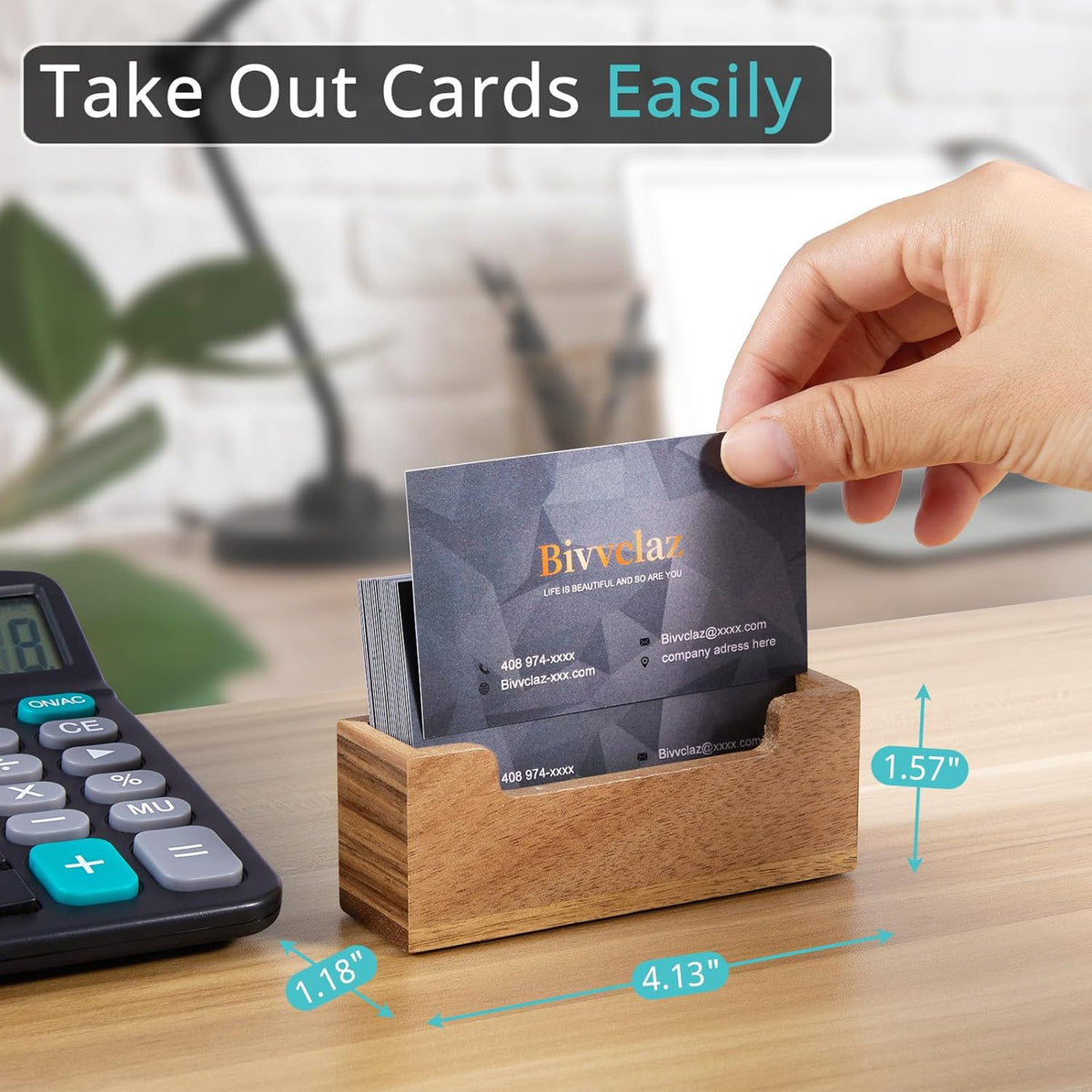 Business Card Holder Desk, Acacia Wood Business Card Organizer Desktop Business Card Display Stand for Office Tabletop Exhibition, Small Business Essentials