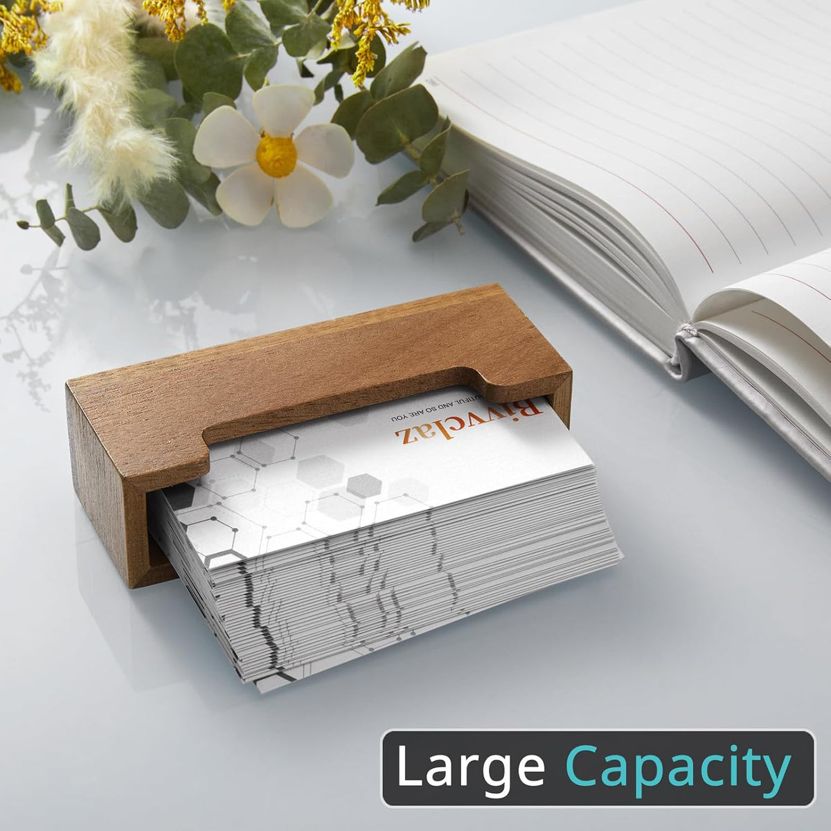 Business Card Holder Desk, Acacia Wood Business Card Organizer Desktop Business Card Display Stand for Office Tabletop Exhibition, Small Business Essentials