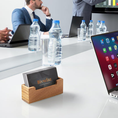 Business Card Holder Desk, Acacia Wood Business Card Organizer Desktop Business Card Display Stand for Office Tabletop Exhibition, Small Business Essentials