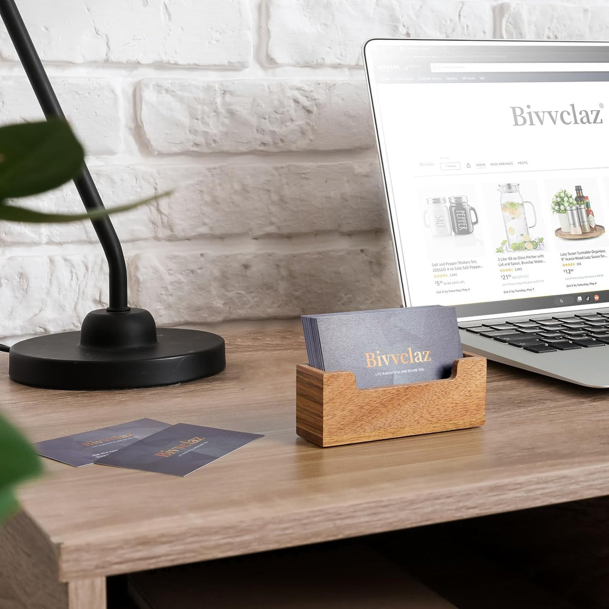 Business Card Holder Desk, Acacia Wood Business Card Organizer Desktop Business Card Display Stand for Office Tabletop Exhibition, Small Business Essentials