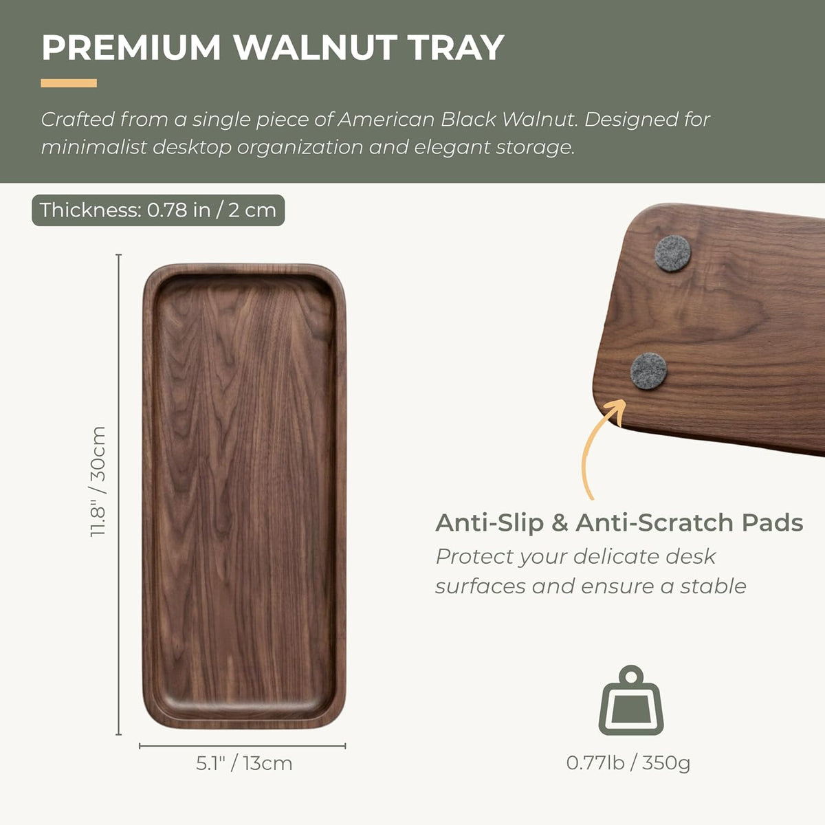 Walnut Serving Tray Solid Wood Tray, 11.8 x 5 inch