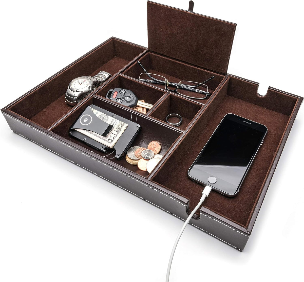 Nightstand Organizer, Valet Tray for Men and Women, EDC Tray, Dresser Top Catchall, Dark Brown Faux Leather, 6 Compartments