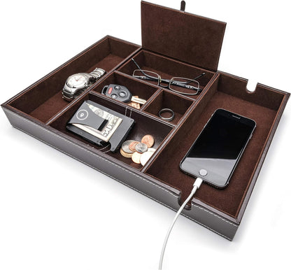 Nightstand Organizer, Valet Tray for Men and Women, EDC Tray, Dresser Top Catchall, Dark Brown Faux Leather, 6 Compartments