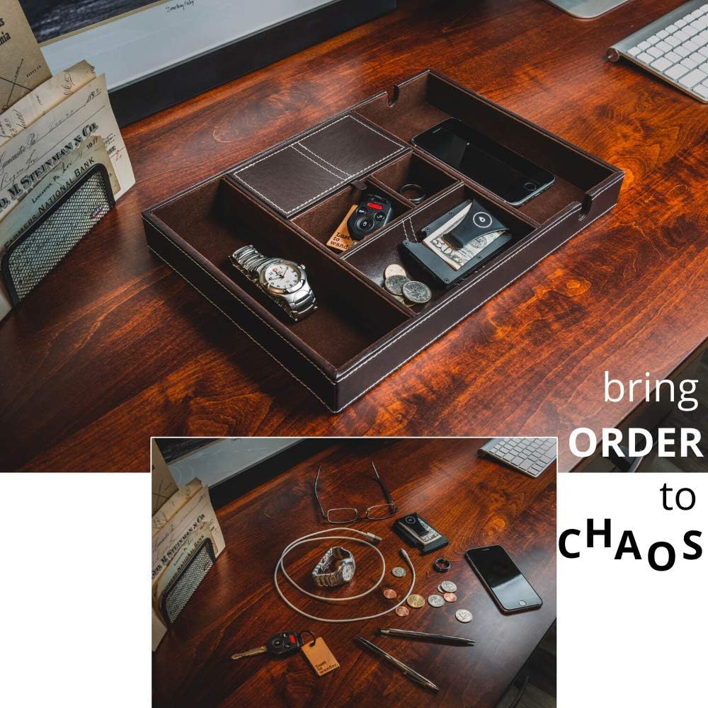 Nightstand Organizer, Valet Tray for Men and Women, EDC Tray, Dresser Top Catchall, Dark Brown Faux Leather, 6 Compartments