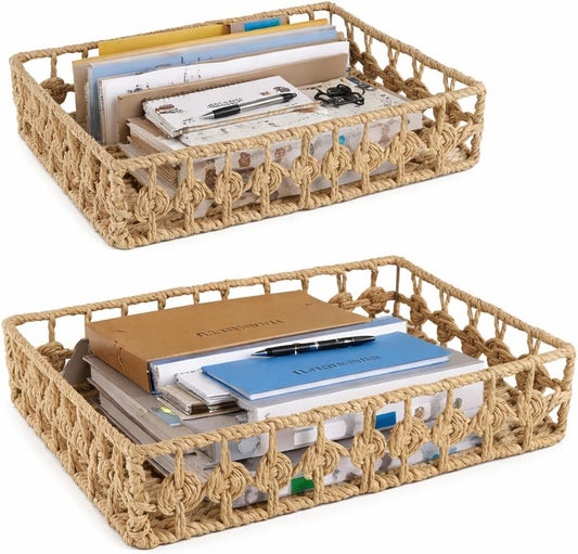 2 Pack File Folders Organizer,Woven Storage Basket for Folders,Mail,Letter,Office Supplies Desk Accessories for Women,Paper Letter Tray Desk Organizer,Stackable File Storage Desktop Organizer