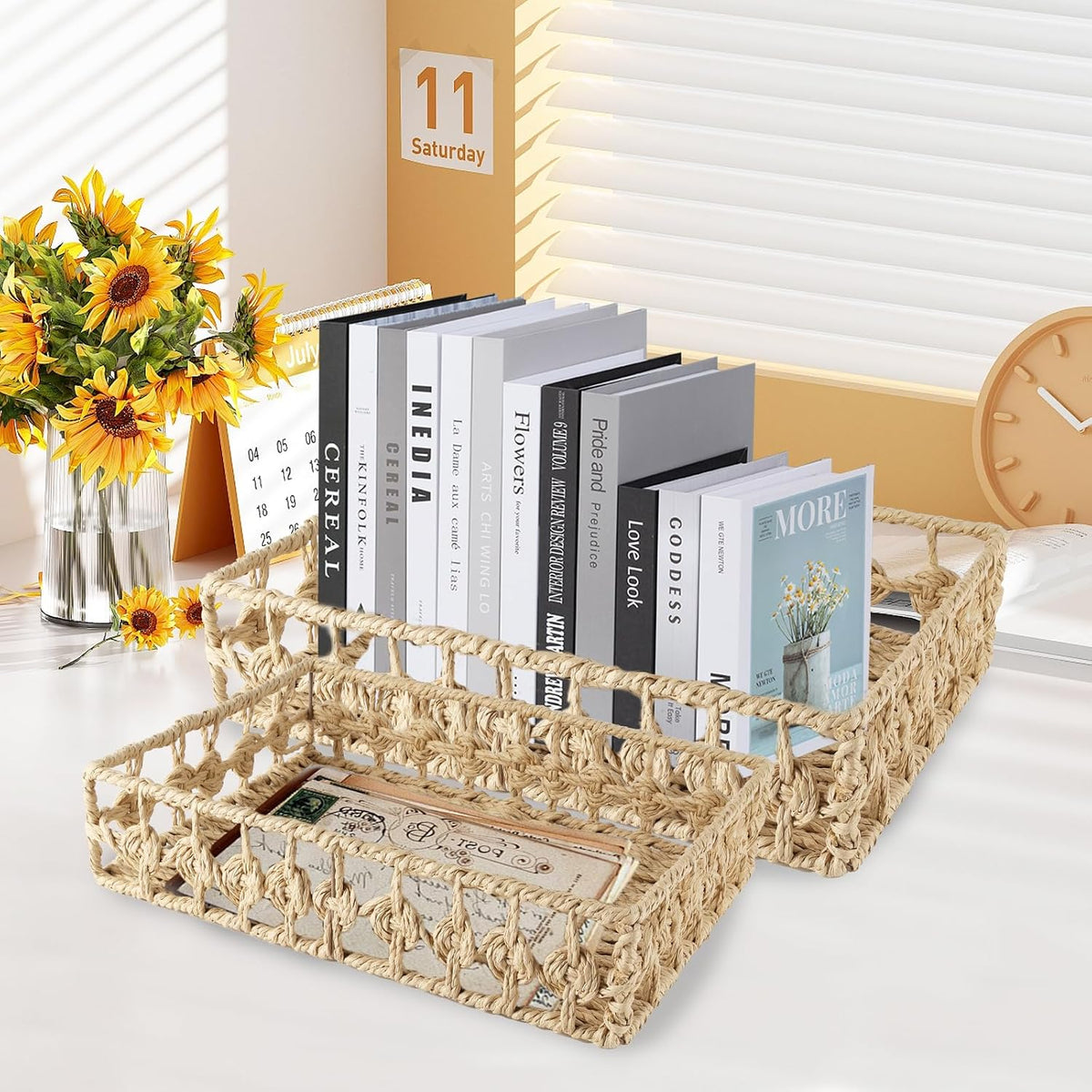 2 Pack File Folders Organizer,Woven Storage Basket for Folders,Mail,Letter,Office Supplies Desk Accessories for Women,Paper Letter Tray Desk Organizer,Stackable File Storage Desktop Organizer