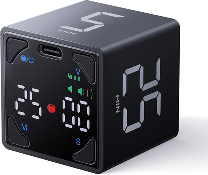 Pomodoro Timer Cube, with 25/5 Auto Cycles, 3/5/10/15/25/45/60 Min Presets, Custom Timer, Stopwatch, Magnetic, Rechargeable, Silent, Vibrate & Sound, for Task, ADHD, Study, Black