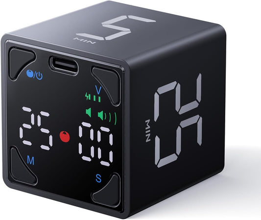Pomodoro Timer Cube, with 25/5 Auto Cycles, 3/5/10/15/25/45/60 Min Presets, Custom Timer, Stopwatch, Magnetic, Rechargeable, Silent, Vibrate & Sound, for Task, ADHD, Study, Black
