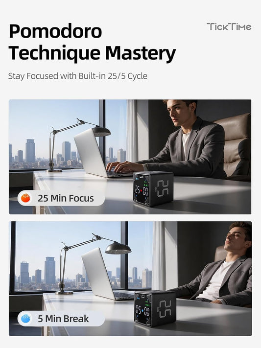 Pomodoro Timer Cube, with 25/5 Auto Cycles, 3/5/10/15/25/45/60 Min Presets, Custom Timer, Stopwatch, Magnetic, Rechargeable, Silent, Vibrate & Sound, for Task, ADHD, Study, Black