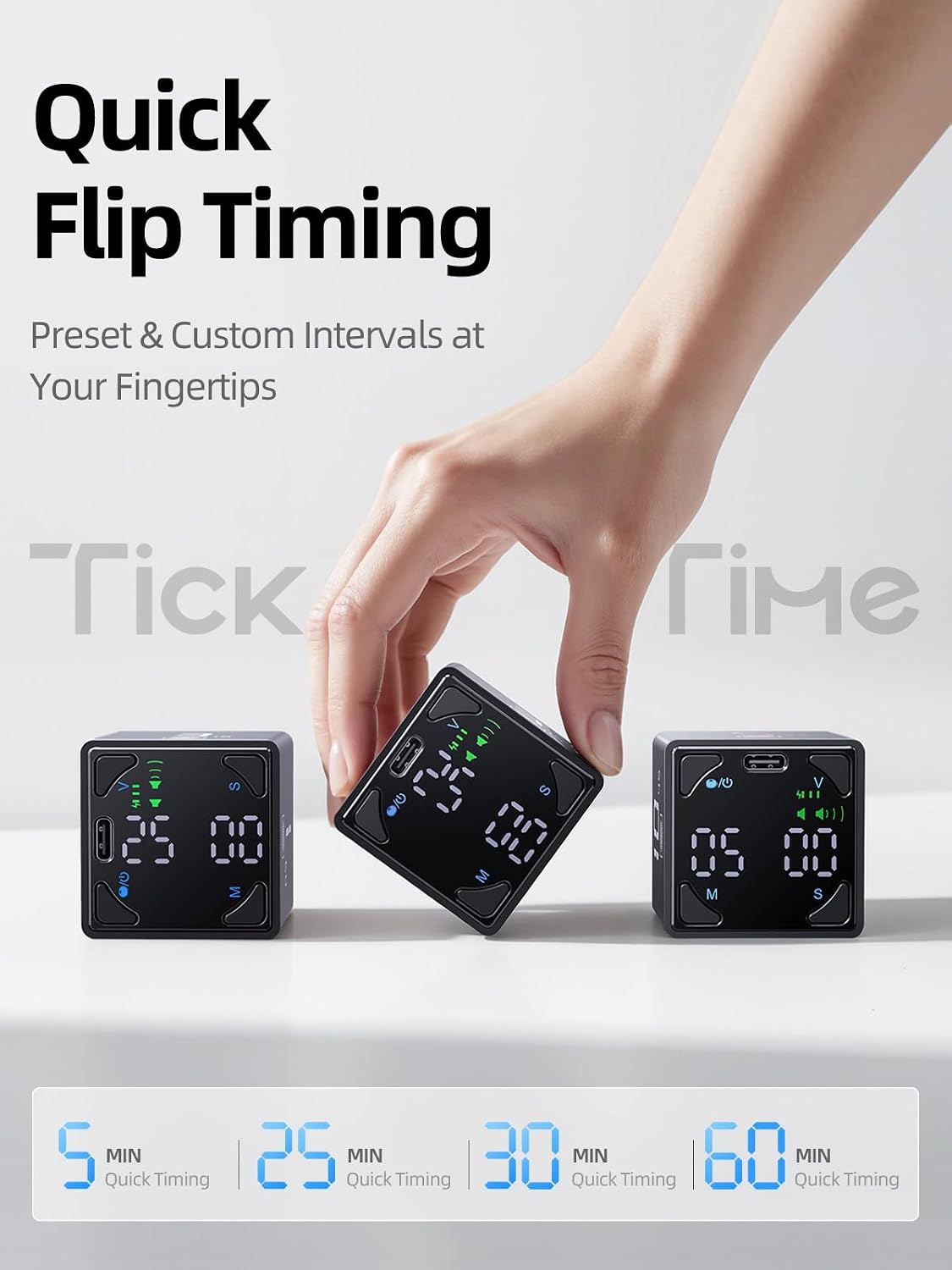 Pomodoro Timer Cube, with 25/5 Auto Cycles, 3/5/10/15/25/45/60 Min Presets, Custom Timer, Stopwatch, Magnetic, Rechargeable, Silent, Vibrate & Sound, for Task, ADHD, Study, Black