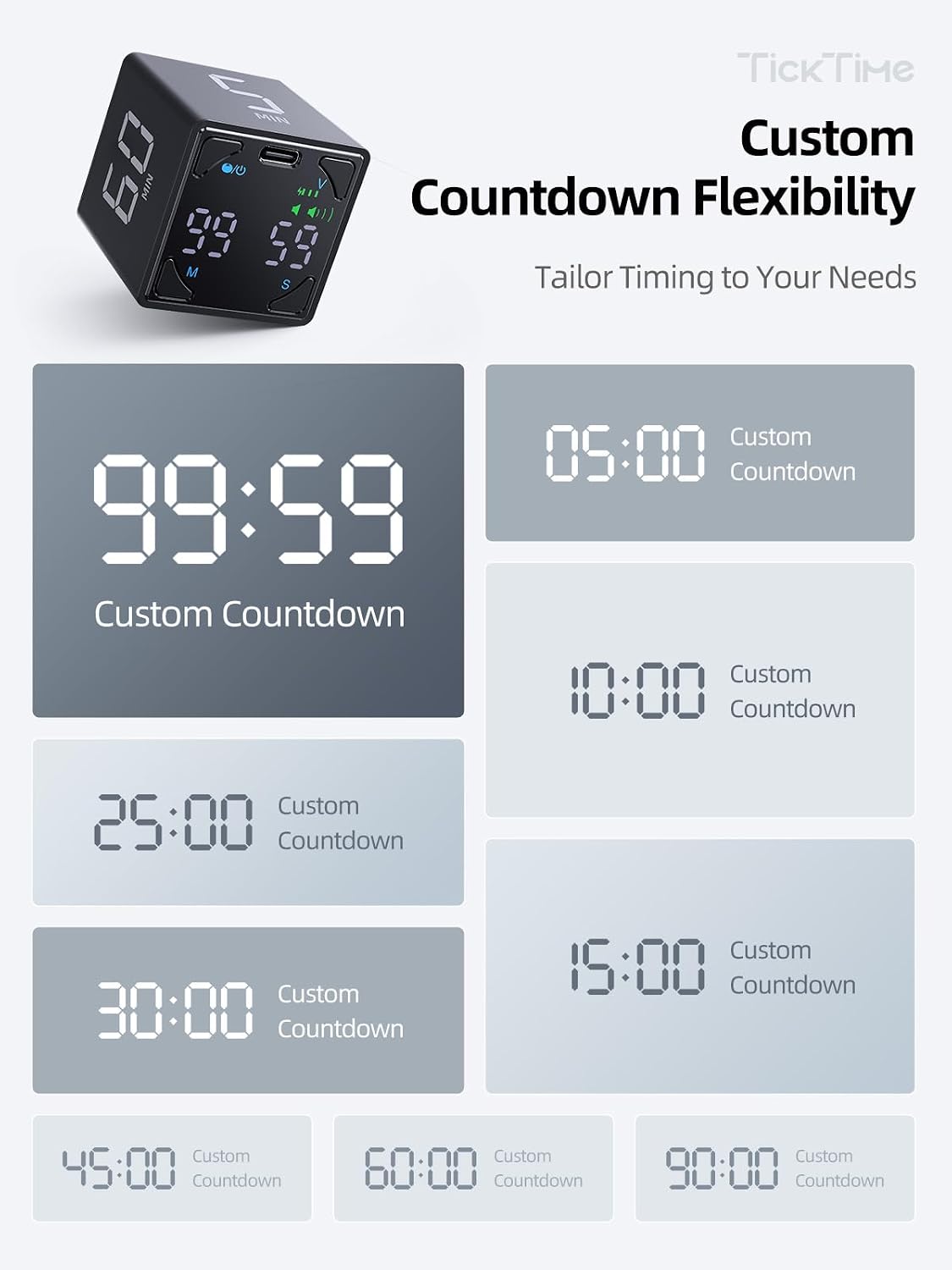 Pomodoro Timer Cube, with 25/5 Auto Cycles, 3/5/10/15/25/45/60 Min Presets, Custom Timer, Stopwatch, Magnetic, Rechargeable, Silent, Vibrate & Sound, for Task, ADHD, Study, Black
