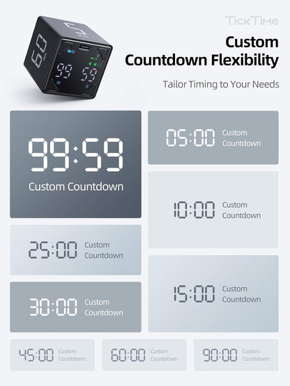 Pomodoro Timer Cube, with 25/5 Auto Cycles, 3/5/10/15/25/45/60 Min Presets, Custom Timer, Stopwatch, Magnetic, Rechargeable, Silent, Vibrate & Sound, for Task, ADHD, Study, Black