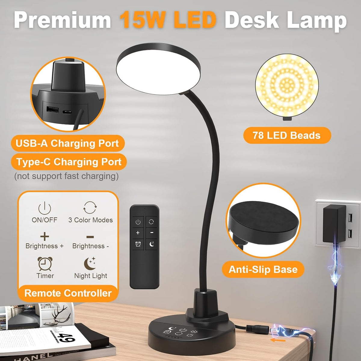 15W LED Desk Lamp with USB Charging Ports – Dimmable Table Lamp with 3 Color Temps, 5 Brightness, 4 Timers, Flexible Gooseneck Light with Base, Eye-Caring Reading Light for Home Office, Bedroom, Study