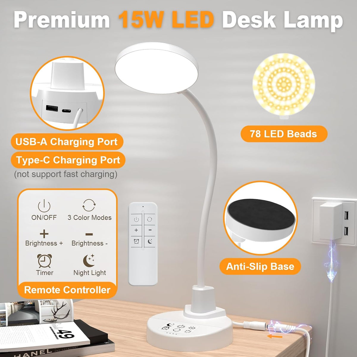 15W LED Desk Lamp with USB Charging Ports – Dimmable Table Lamp with 3 Color Temps, 5 Brightness, 4 Timers, Flexible Gooseneck Light with Base, Eye-Caring Reading Light for Home Office, Bedroom, Study
