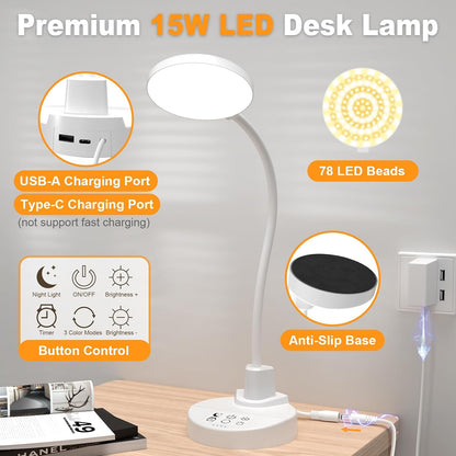 15W LED Desk Lamp with USB Charging Ports – Dimmable Table Lamp with 3 Color Temps, 5 Brightness, 4 Timers, Flexible Gooseneck Light with Base, Eye-Caring Reading Light for Home Office, Bedroom, Study
