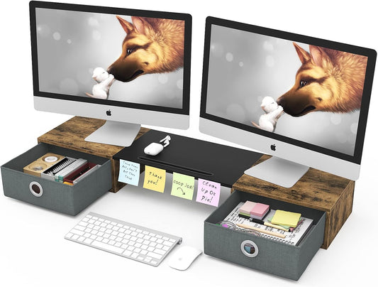 Dual Monitor Stand Riser with Two Drawers, Extra Large Storage Monitor Stand for 2 Monitors, Desktop Organizer Stand Storage for Computer,Laptop,Screen,Printer,TV