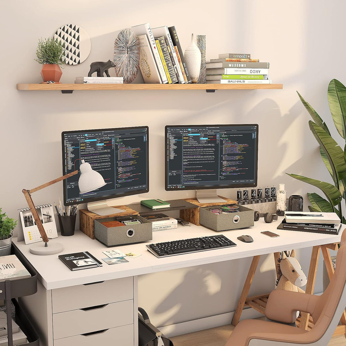 Dual Monitor Stand Riser with Two Drawers, Extra Large Storage Monitor Stand for 2 Monitors, Desktop Organizer Stand Storage for Computer,Laptop,Screen,Printer,TV