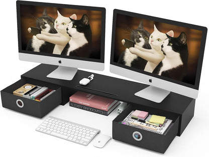 Dual Monitor Stand Riser with Two Drawers, Extra Large Storage Monitor Stand for 2 Monitors, Desktop Organizer Stand Storage for Computer,Laptop,Screen,Printer,TV