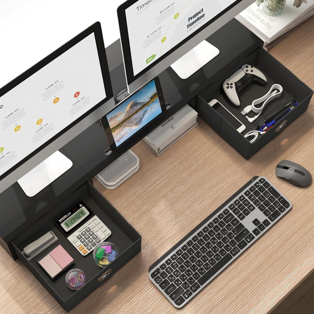 Dual Monitor Stand Riser with Two Drawers, Extra Large Storage Monitor Stand for 2 Monitors, Desktop Organizer Stand Storage for Computer,Laptop,Screen,Printer,TV