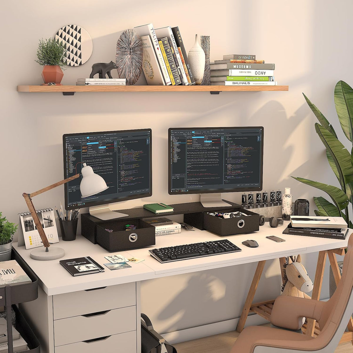 Dual Monitor Stand Riser with Two Drawers, Extra Large Storage Monitor Stand for 2 Monitors, Desktop Organizer Stand Storage for Computer,Laptop,Screen,Printer,TV
