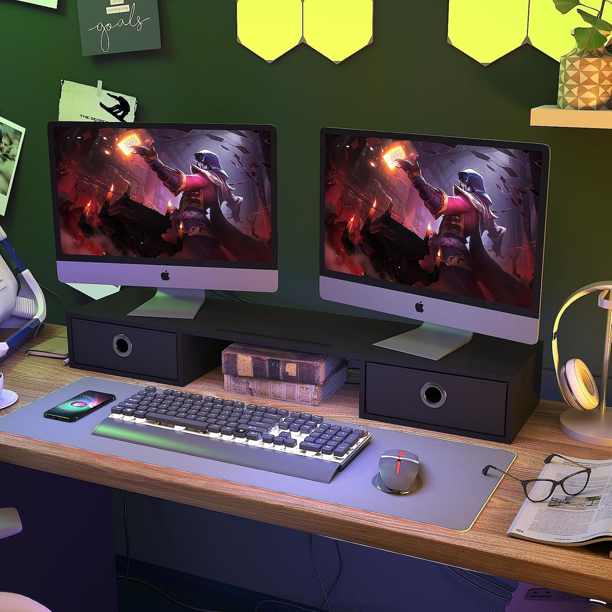 Dual Monitor Stand Riser with Two Drawers, Extra Large Storage Monitor Stand for 2 Monitors, Desktop Organizer Stand Storage for Computer,Laptop,Screen,Printer,TV