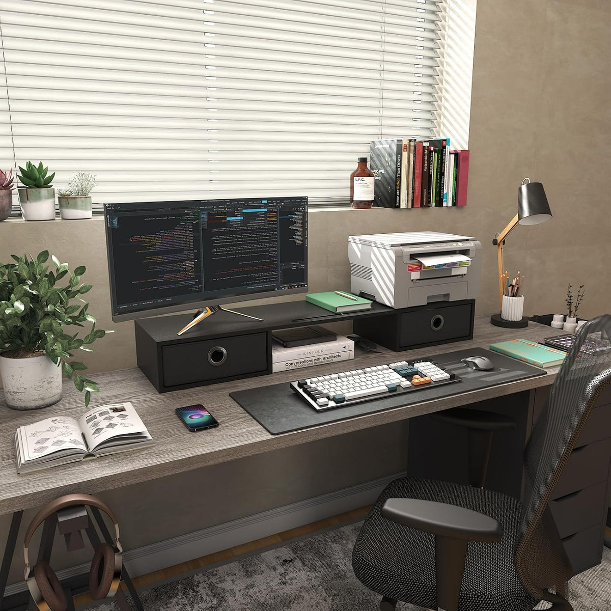 Dual Monitor Stand Riser with Two Drawers, Extra Large Storage Monitor Stand for 2 Monitors, Desktop Organizer Stand Storage for Computer,Laptop,Screen,Printer,TV