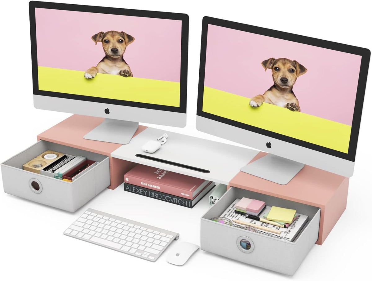 Dual Monitor Stand Riser with Two Drawers, Extra Large Storage Monitor Stand for 2 Monitors, Desktop Organizer Stand Storage for Computer,Laptop,Screen,Printer,TV
