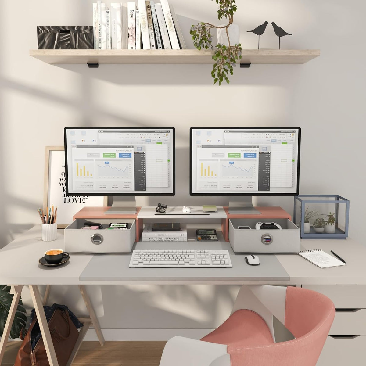 Dual Monitor Stand Riser with Two Drawers, Extra Large Storage Monitor Stand for 2 Monitors, Desktop Organizer Stand Storage for Computer,Laptop,Screen,Printer,TV