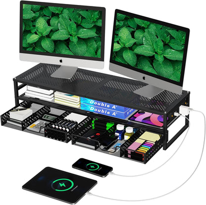 2-Tier Metal Dual Monitor Stand with USB & 2 Drawers, Black