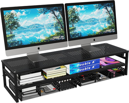 2-Tier Metal Dual Monitor Stand with USB & 2 Drawers, Black