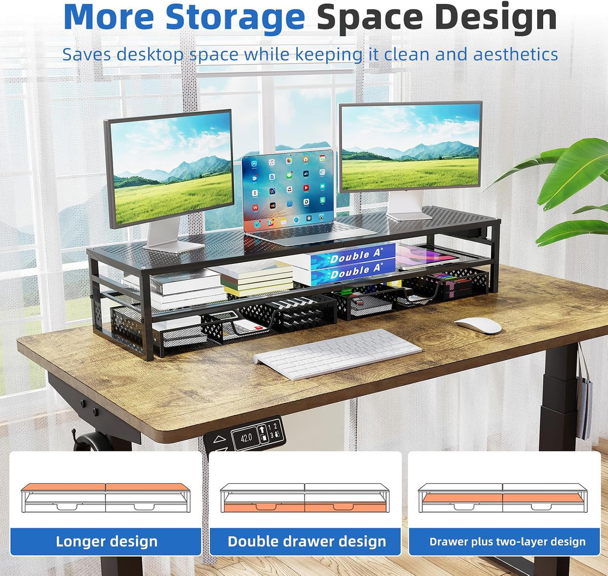 2-Tier Metal Dual Monitor Stand with USB & 2 Drawers, Black