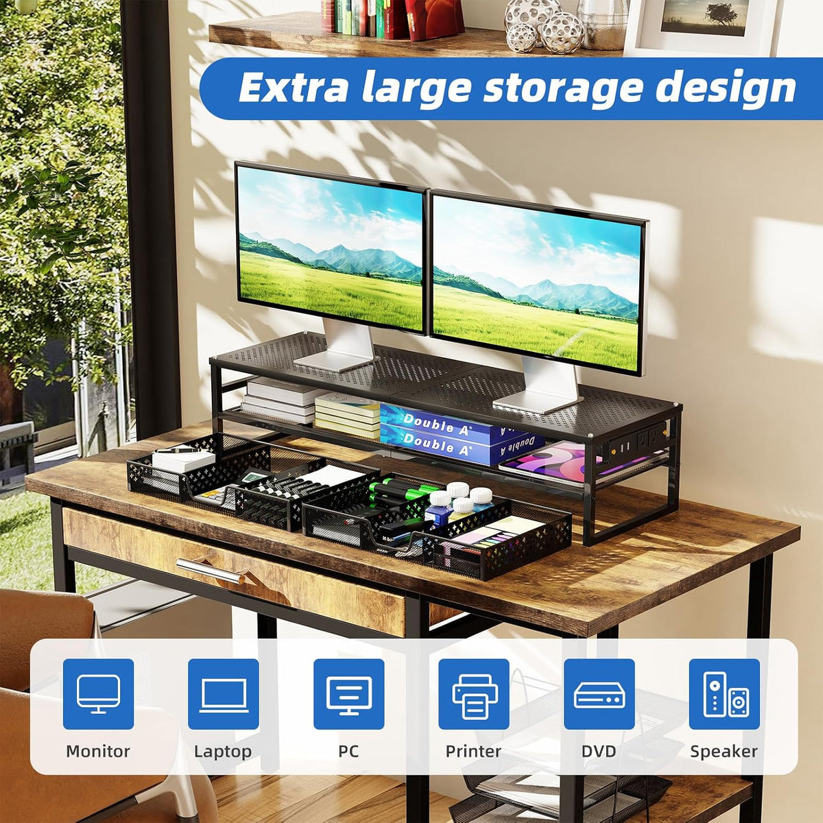 2-Tier Metal Dual Monitor Stand with USB & 2 Drawers, Black