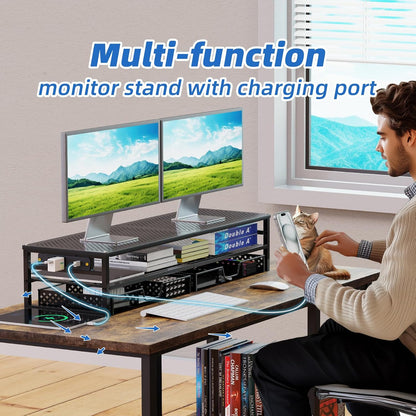 2-Tier Metal Dual Monitor Stand with USB & 2 Drawers, Black