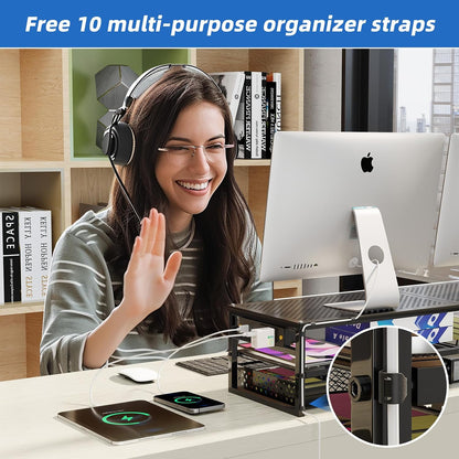 2-Tier Metal Dual Monitor Stand with USB & 2 Drawers, Black