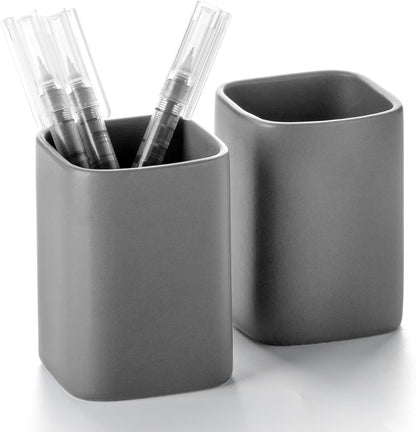 Ceramic Pen Holder Set of 2, Pencil Cup for Desk, Matte gray