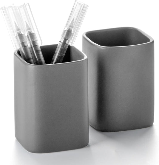 Ceramic Pen Holder Set of 2, Pencil Cup for Desk, Matte gray