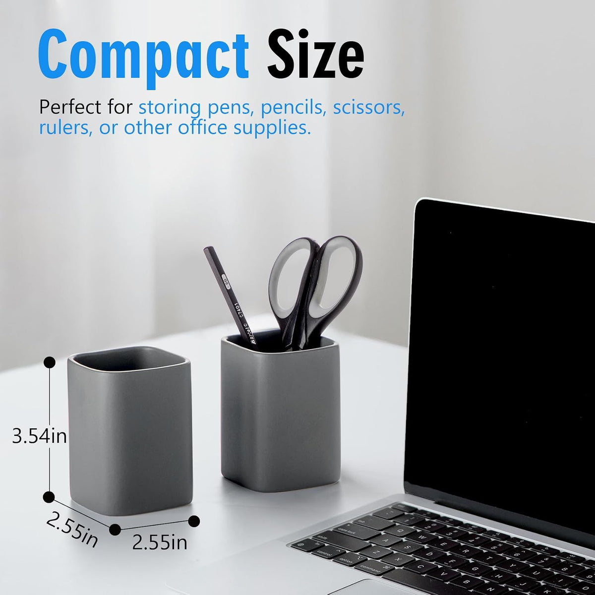 Ceramic Pen Holder Set of 2, Pencil Cup for Desk, Matte gray