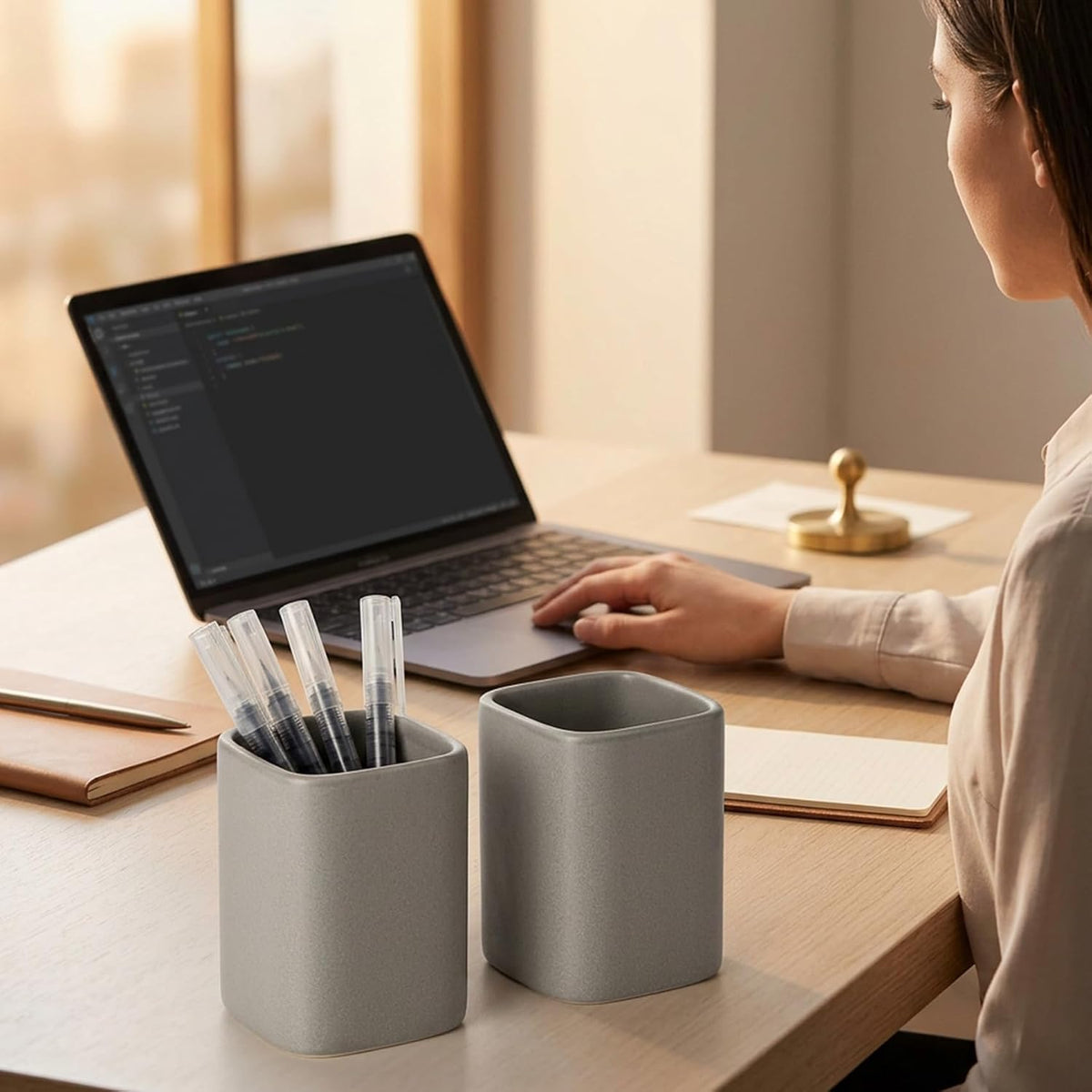 Ceramic Pen Holder Set of 2, Pencil Cup for Desk, Matte gray