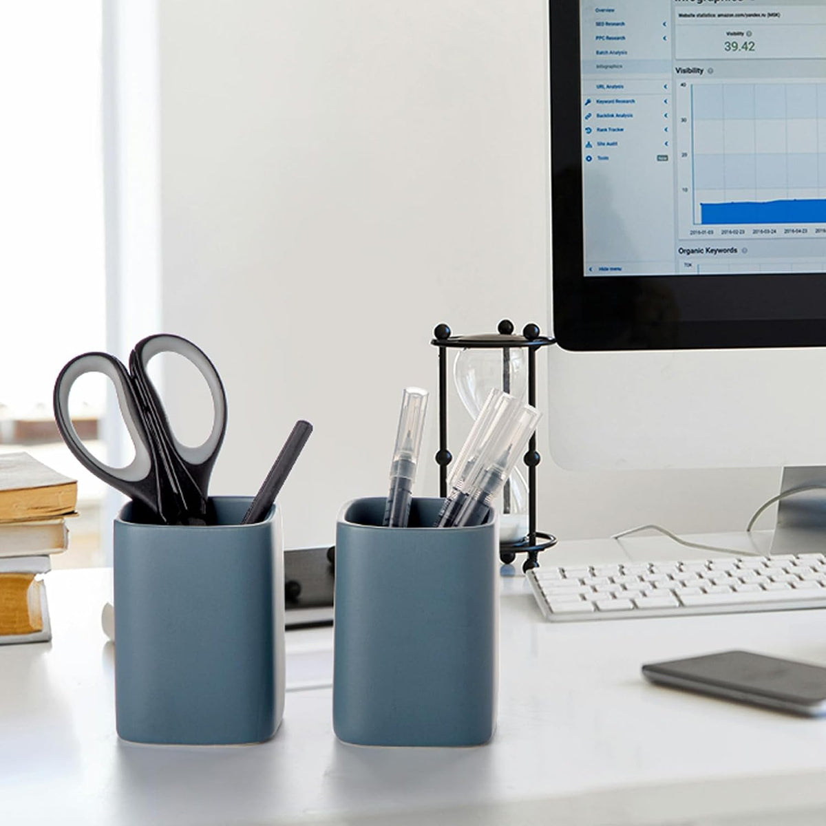 Ceramic Pen Holder Set of 2, Pencil Cup for Desk, Matte gray