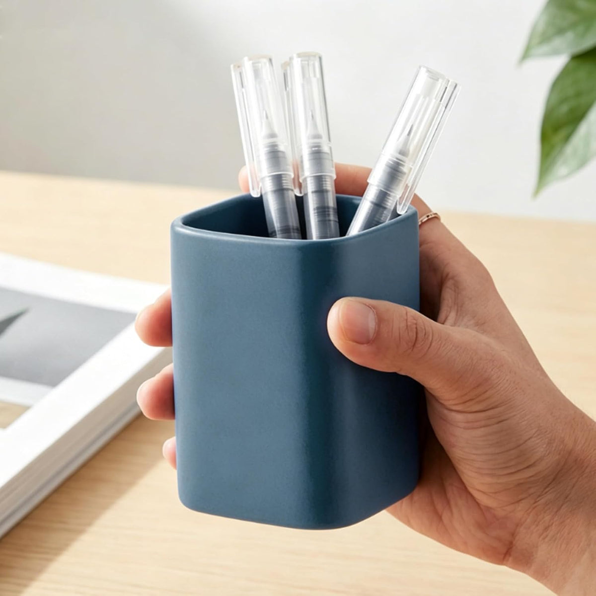 Ceramic Pen Holder Set of 2, Pencil Cup for Desk, Matte gray
