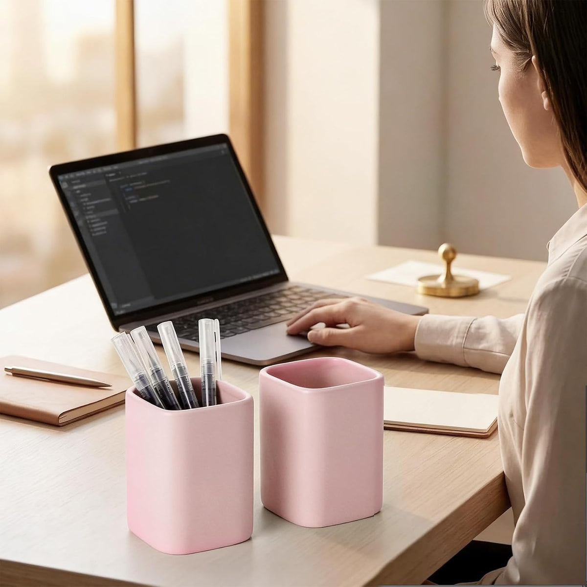 Ceramic Pen Holder Set of 2, Pencil Cup for Desk, Matte gray
