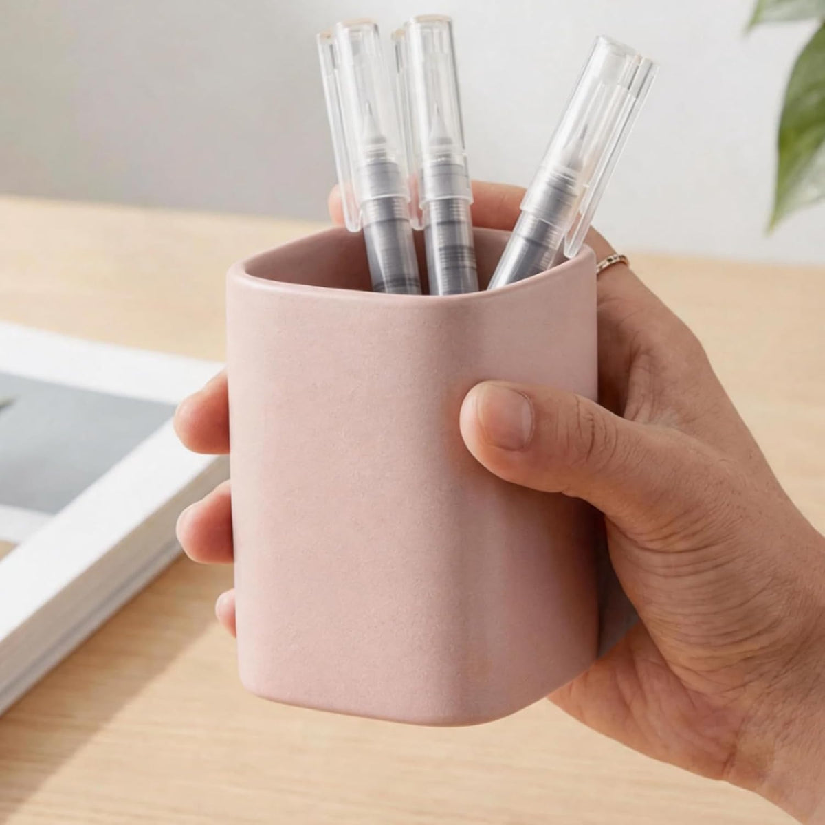 Ceramic Pen Holder Set of 2, Pencil Cup for Desk, Matte gray