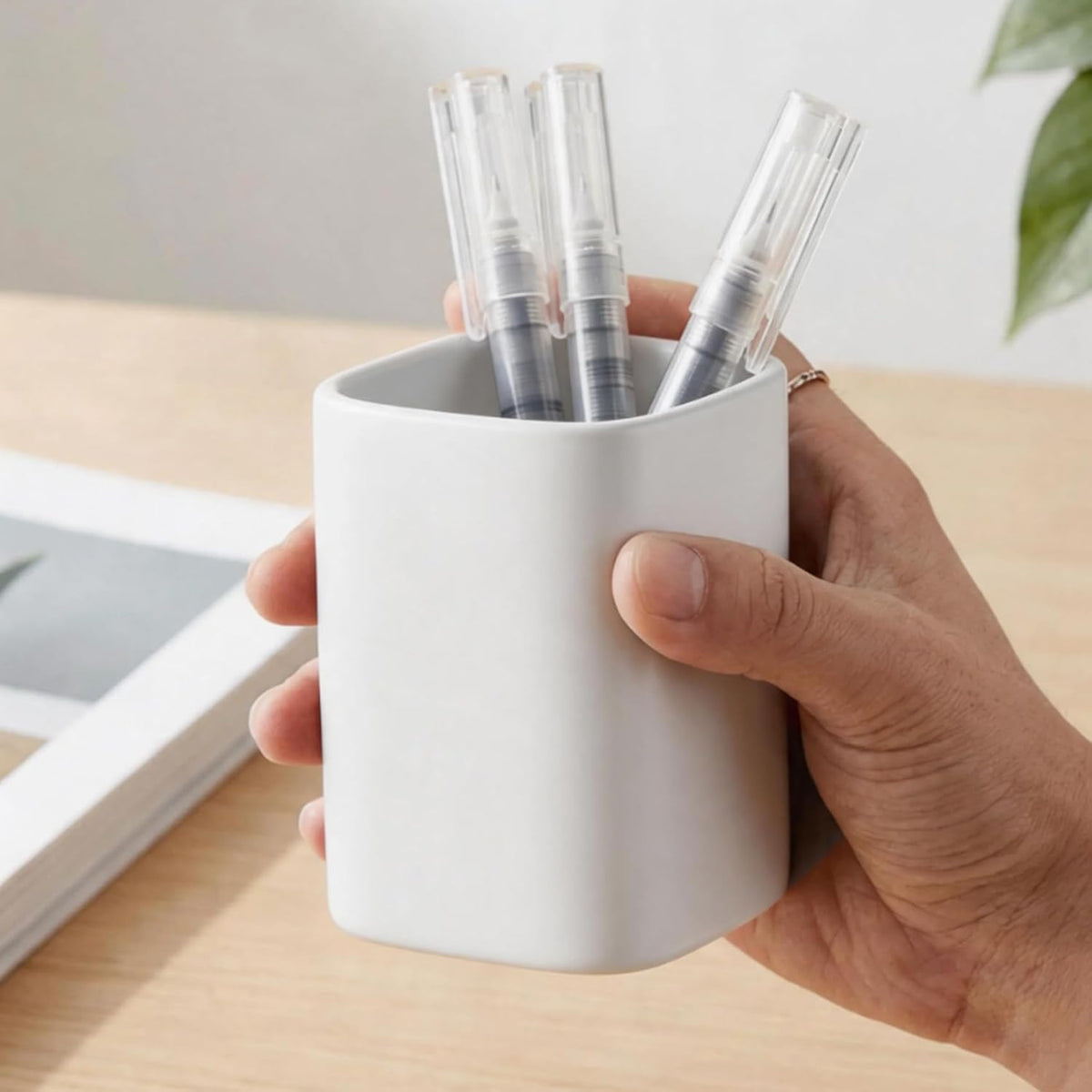 Ceramic Pen Holder Set of 2, Pencil Cup for Desk, Matte gray