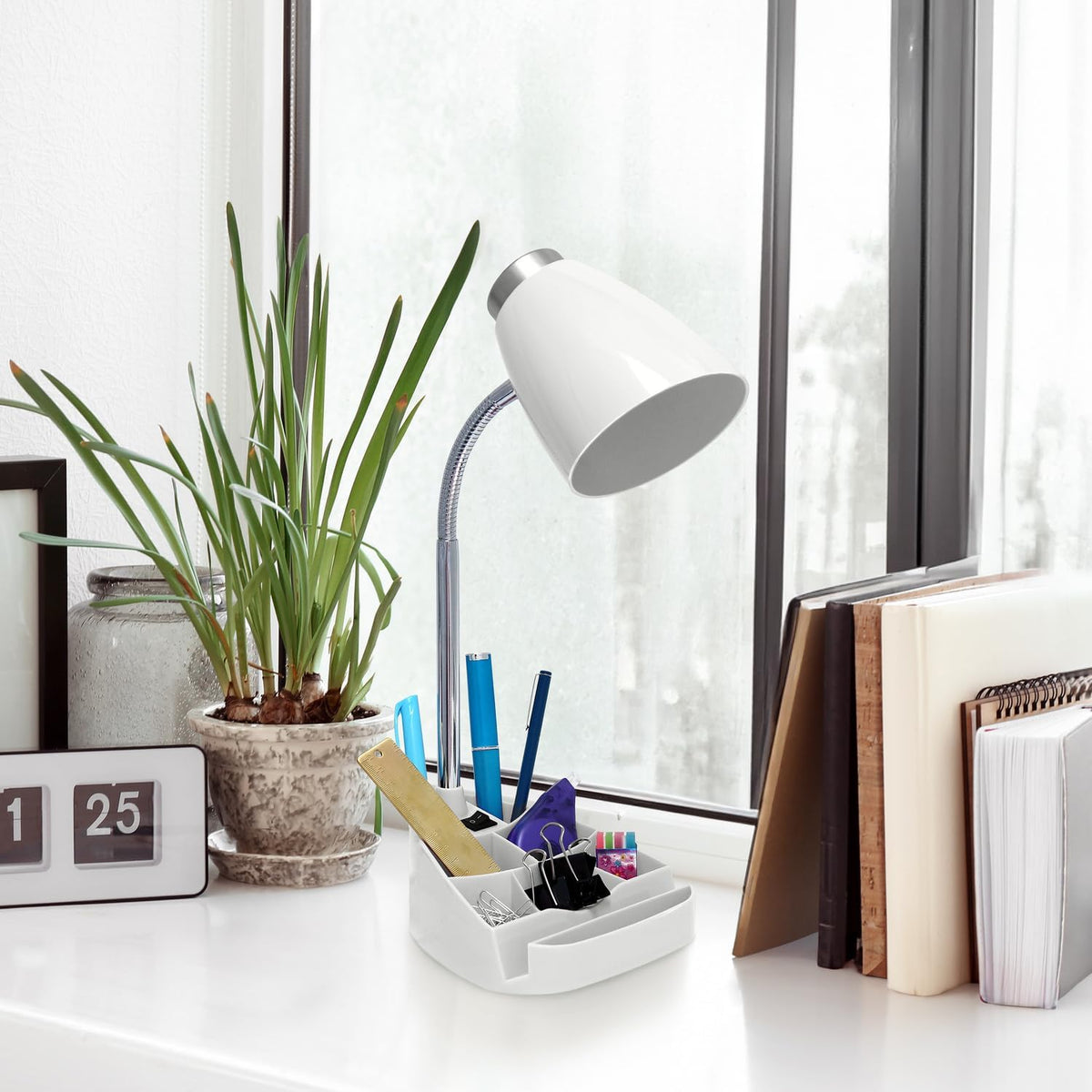 Creekwood Home 18.5" Flexible Gooseneck Organizer Desk Lamp with Phone/iPad/Tablet Stand for Office, Bedroom, Study, Bedroom, Library, White