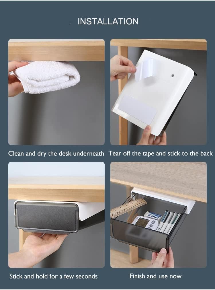 Under Desk Drawer Organizer,2 Pack Self-Adhesive Attachable Under Desk Storage Drawer, Hidden Desk Drawer Slide-out, Stick on Drawer Under Mounted for Office Home Closet Stationery