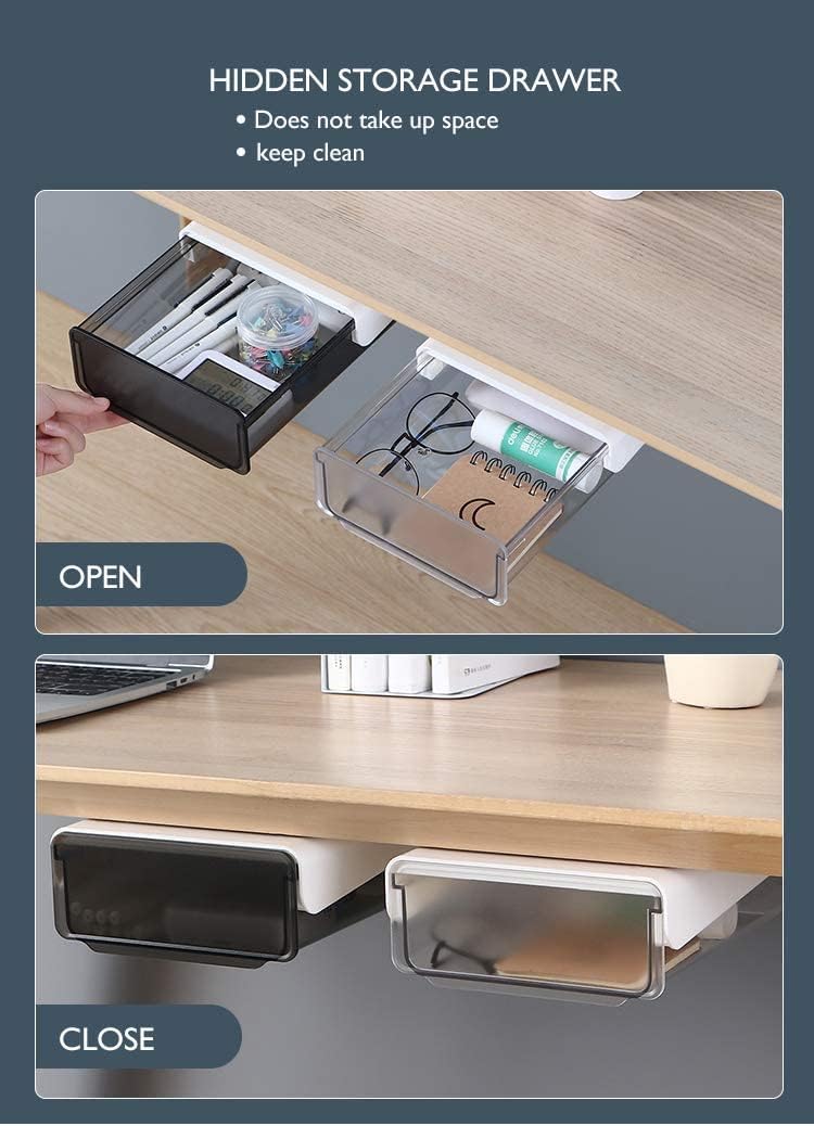 Under Desk Drawer Organizer,2 Pack Self-Adhesive Attachable Under Desk Storage Drawer, Hidden Desk Drawer Slide-out, Stick on Drawer Under Mounted for Office Home Closet Stationery