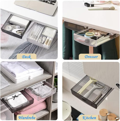 Under Desk Drawer Organizer,2 Pack Self-Adhesive Attachable Under Desk Storage Drawer, Hidden Desk Drawer Slide-out, Stick on Drawer Under Mounted for Office Home Closet Stationery