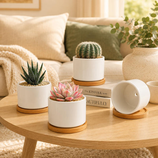 3.1" Ceramic Succulent Pots,White Planter with Drainage Tray