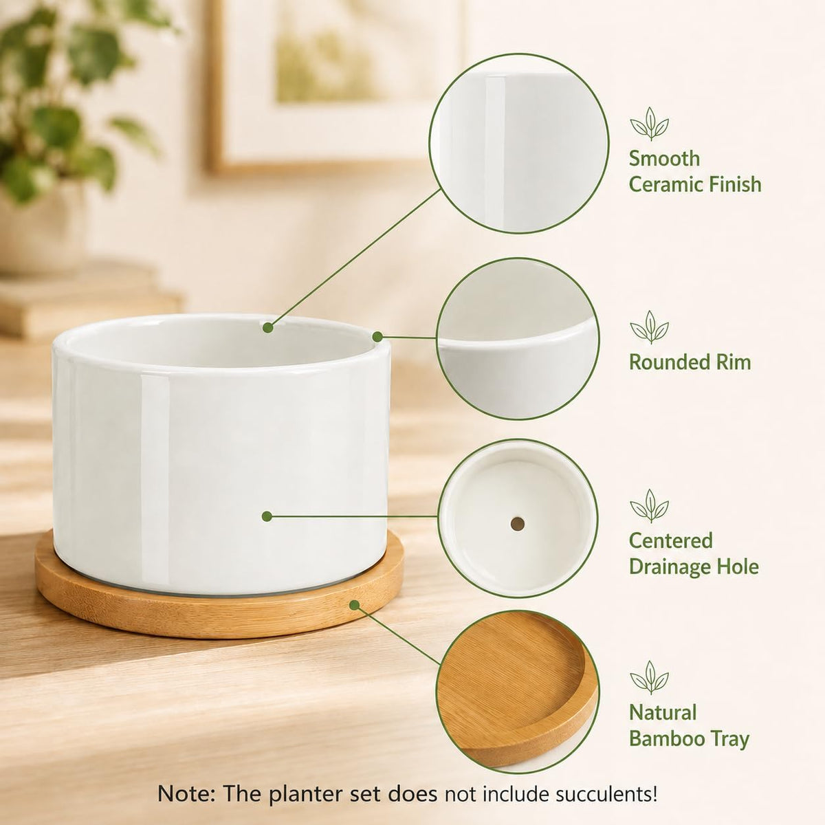 3.1" Ceramic Succulent Pots,White Planter with Drainage Tray