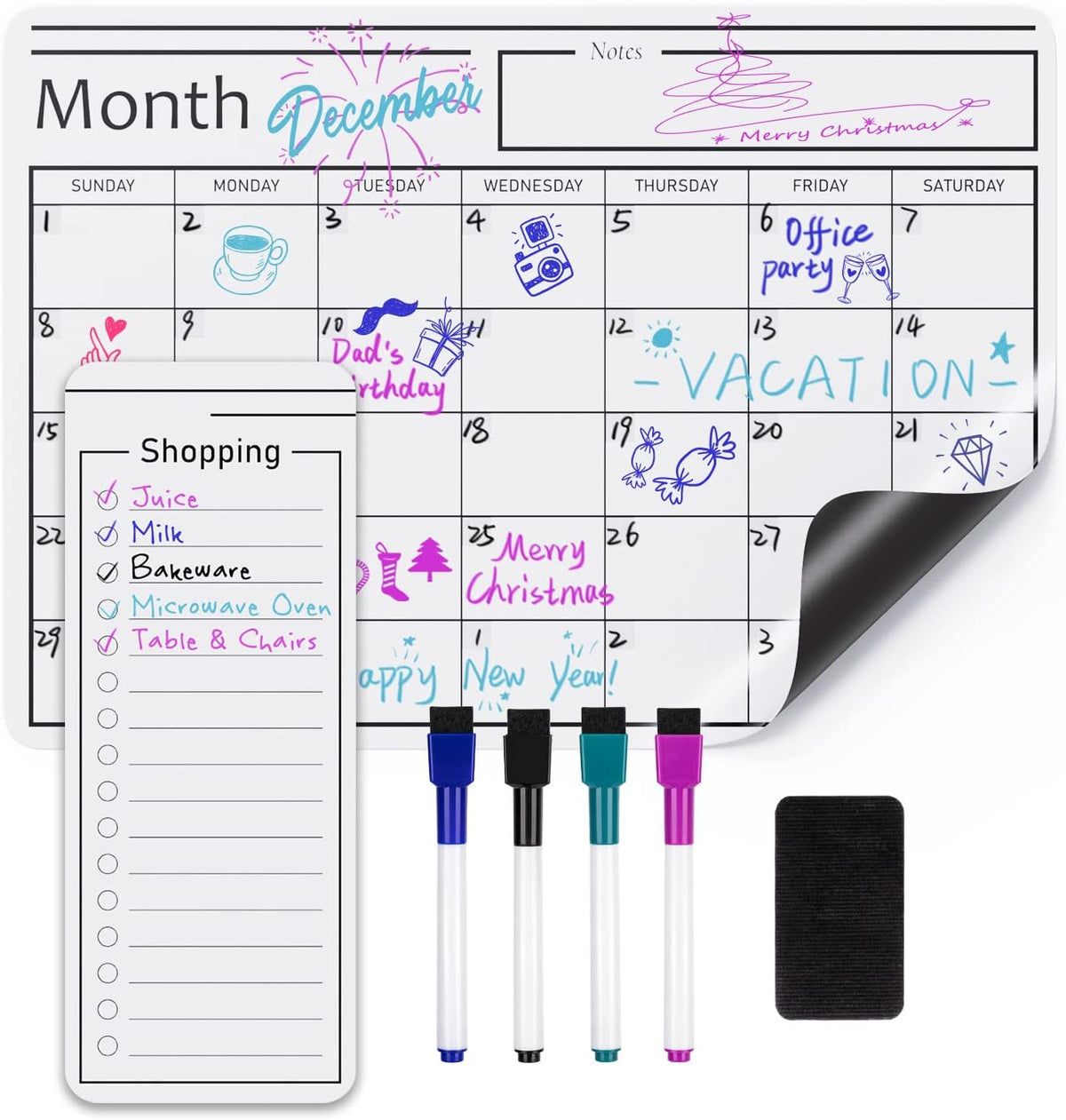 Magnetic Dry Erase Whiteboard Calendar for Fridge, Easy to Clean, Schedule Organizer, 12" x 17", Includes 4 Markers and Eraser